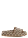 Gucci Women Beige Sandals With Leather Finishes And All-over Gg Motif In Fabric Woman In Brown
