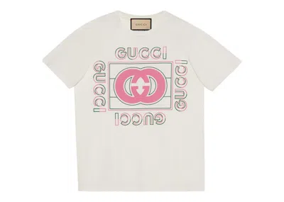 Pre-owned Gucci Women's Oversized Vintage Logo Print T-shirt In Off White/pink/green In Multi