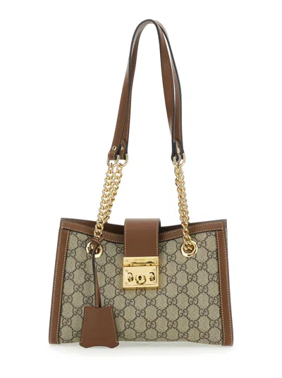 Gucci Women 'padlock' Beige Shoulder Bag With Reinforced Chain Strap And All-over Gg Motif In Fabric In Multi