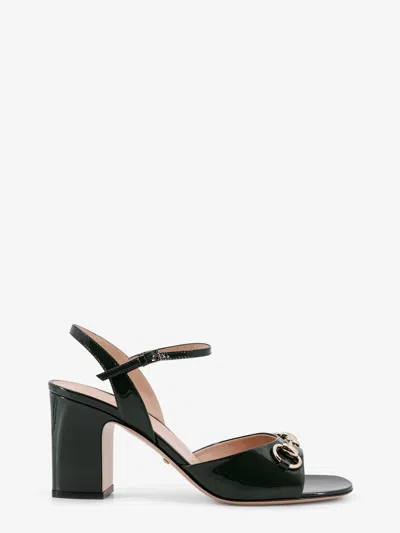 Gucci Women Green Patent Leather Sandals With Horsebit In Multi