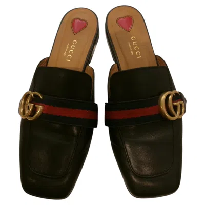 Pre-owned Gucci Women's Peyton Mules Black Leather With Stripe Detail Size 35.5