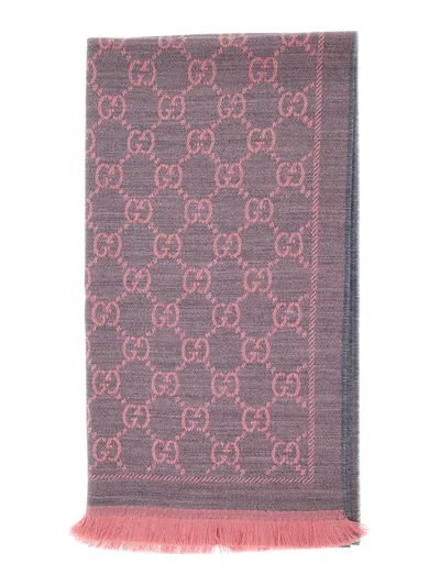 Gucci Women Pink Knit Scarf With Jacquard Gg Motif In Wool Woman