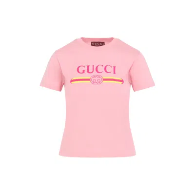 Gucci Women Pink Crewneck T-shirt With Logo Print On The Front In Cotton Woman