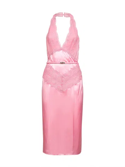 GUCCI GUCCI WOMEN PINK SILK SATIN MIDI DRESS