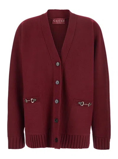 GUCCI GUCCI WOMEN BORDEAUX V-NECK CARDIGAN WITH METAL CLAMPS ON THE FRONT IN WOOL AND CASHMERE BLEND WOMAN
