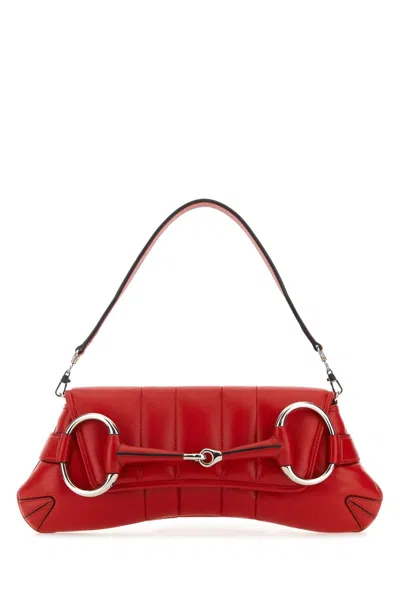Gucci Women Red Leather Medium  Horsebit Chain Clutch
