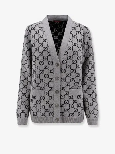 Gucci Women Reversible Wool Cardigan With Gg Motif In Gray