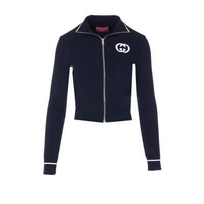 Gucci Women Ribbed Jacket With Zip And Gg Intarsia In Blue