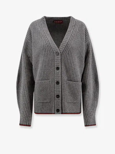 Gucci Rib Felted Wool Cardigan With Web In Gray