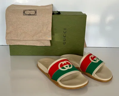 Pre-owned Gucci Women's Rubber Gg Interlock White/red/green Sandals 9 Us  655461