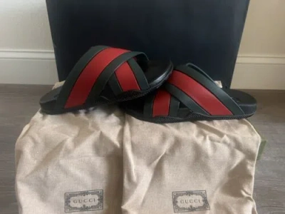 Pre-owned Gucci Women's Rubber Slide Sandals Black/green/red 8 Us (38 Euro) 627820 It