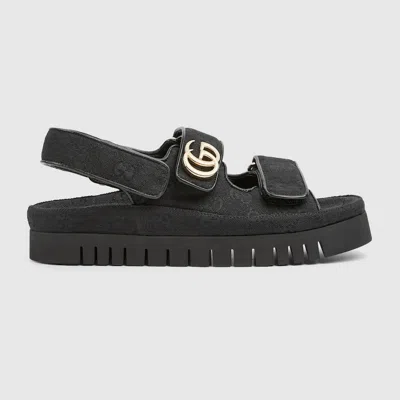 Gucci Double-strap Leather Sandals Gold-tone Hardware In Black