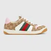 Gucci Screener Trainer In Gg Fabric And Pink Leather In Beige