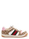 Gucci Screener Trainer In Gg Fabric And Pink Leather In Beige