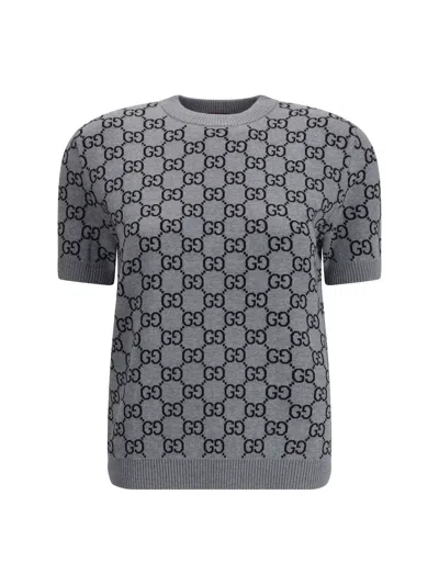 Gucci Grey Reversible Crewneck Sweater With Ribbed Trims In Gg Wool Jacquard Woman In Gray