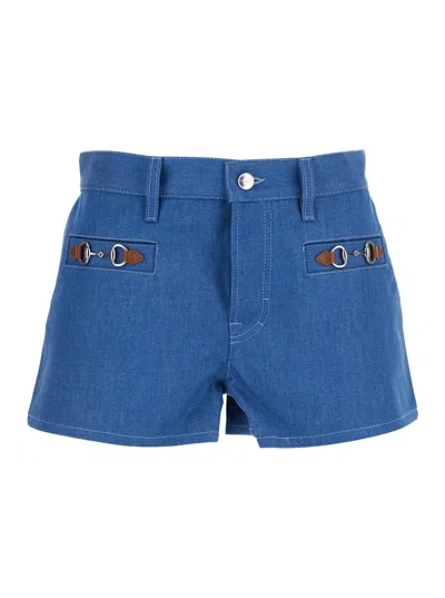 Gucci Women Cotton Shorts With Frontal Iconic Horsebits In Blue