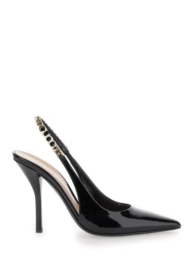 Gucci Women 'signoria' Black Slingback Pumps With Lettering In Patent Leather Woman In Multi
