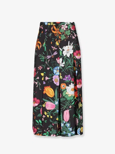 Gucci Pleated Midi Skirt In Silk Twill With Flora Print In Multi
