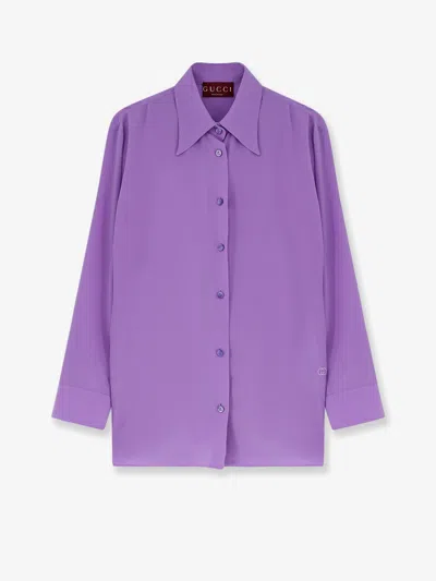 Gucci Women Silk Shirt With Gg Embroidery In Purple