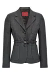 Gucci Double G Belted Wool Grisaille Blazer In Gray