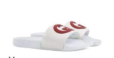 Pre-owned Gucci Women Slide Sandals Double Interlocking In Red/ White Leather Sz 10