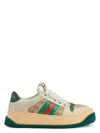 Gucci Screener Embellished Canvas-trimmed Distressed Leather Sneakers In Beige