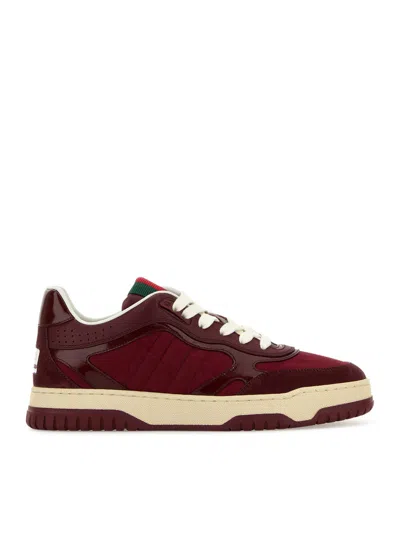 Gucci Women Sneakers Re-web Bordeaux In Leather And Gg Supreme Fabric In Red