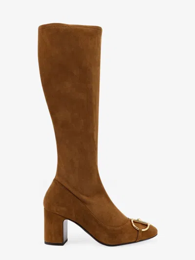 Gucci Women Suede Boots With Metal Horsebit In Brown