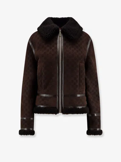Gucci Women Suede Jacket With Gg Motif In Brown