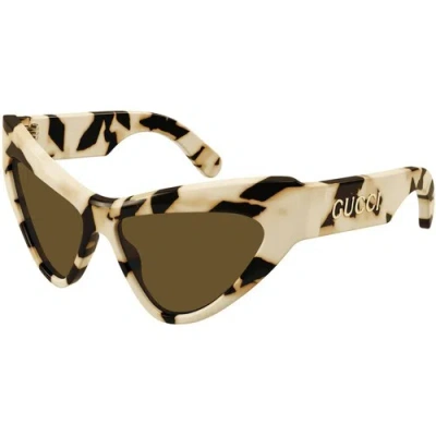 Pre-owned Gucci Women's Sunglasses Ivory Acetate Cat Eye Frame Brown Lens Gg1294s 003
