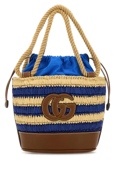 Gucci Women Two-tone Raffia Mini  Summer Bucket Bag In Blue