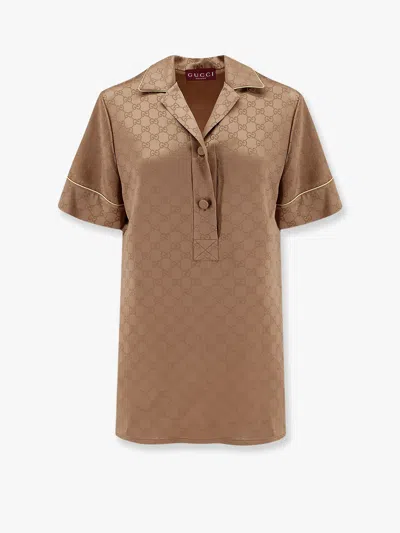 Gucci Women Viscose Blend Shirt With Allover Gg Logo In Brown