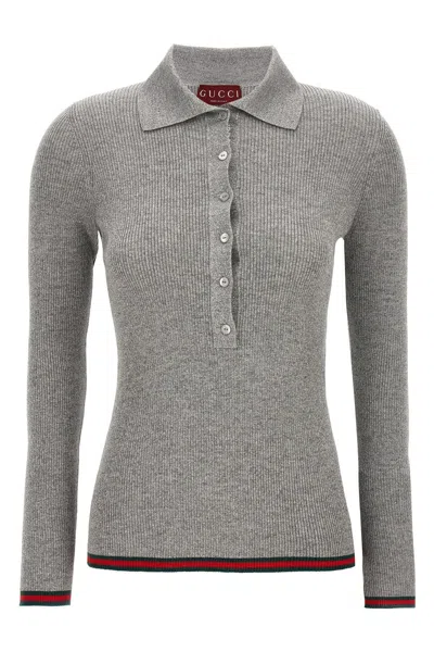 Gucci Women Web Ribbon Lurex Polo Shirt In Gray