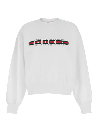 Gucci Women White Crewneck Sweatshirt With Logo Print And Web Detail In Cotton Woman