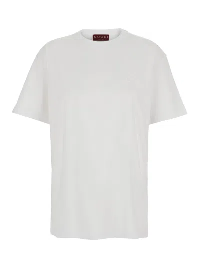 Gucci Women White Crewneck T-shirt With Tonal Horsebit Embroidery On The Front In Cotton Woman