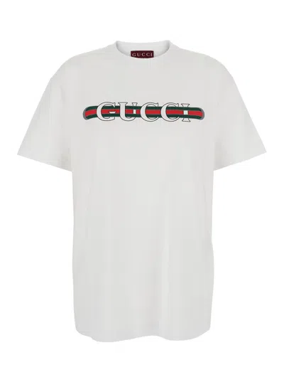 Gucci Women White Crewneck T-shirt Wth Web Print With Logo Lettering On The Front In Cotton Woman