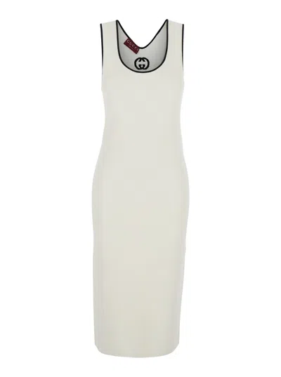 Gucci Women White Long Dress With Round Neck And Gg Embroidery On The Rear In Viscose Blend Woman