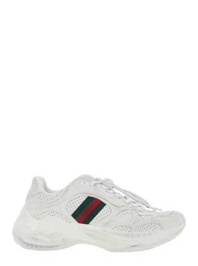 Gucci Women White Low Top Sneakers With Perforated Design And Web Detail On The Side In Leather Woma