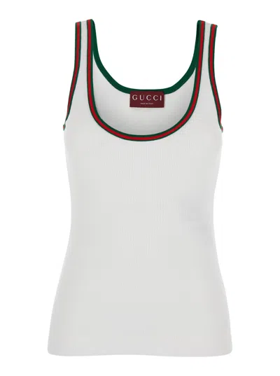 Gucci Women White Ribbed Top With Web Detail On The Edges In Cotton Woman