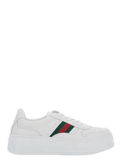 Gucci Women White Sneakers With Web Detail And Oversized Sole In Leather Woman