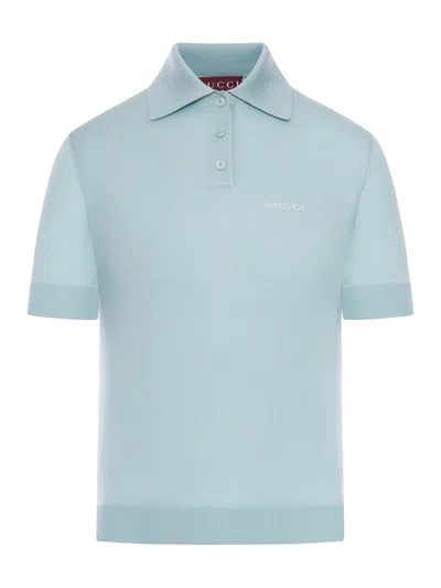 Gucci Women Wool And Silk Knitted Polo Shirt In Blue