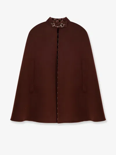 Gucci Brown Cape With Iconic Clamp And Gg All-over Motif Interior In Wool Woman