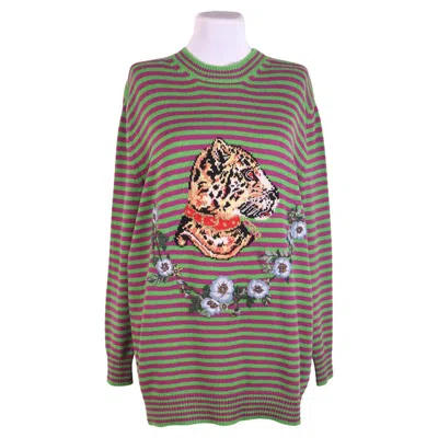 Pre-owned Gucci Women's Wool Striped Leopard Head Sweater Green