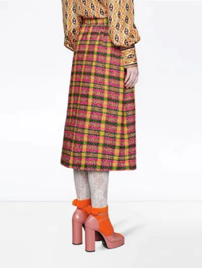 Pre-owned Gucci Women's Yellow Mix Light Candy Lion Head Buttons Tweed Skirt 596980 7738