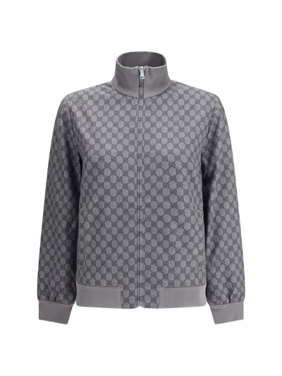 Gucci Grey Sweatshirt With High Neck And All-over Gg Print In Tech Fabric Woman In Gray