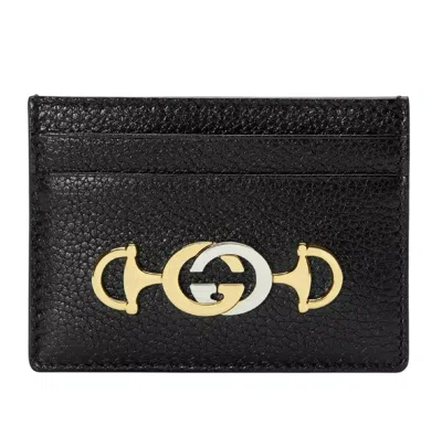 Gucci Women's Zumi Black Leather Card Holder Wallet Metal Gg Logo