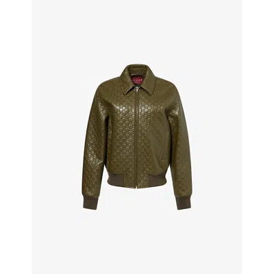 Gucci Womens Monogram Two-welt-pockets Relaxed-fit Leather Jacket Army Green