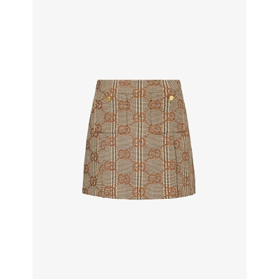 Gucci Womens Beige Brown Mc Monogram-pattern A-line Wool Mini Skirt