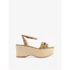 Gucci Womens  Horsebit Canvas Wedge Espadrilles In Beige Ebony Cocoa