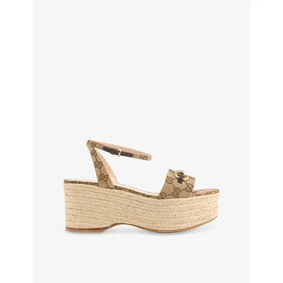 Gucci Womens  Horsebit Canvas Wedge Espadrilles In Beige Ebony Cocoa
